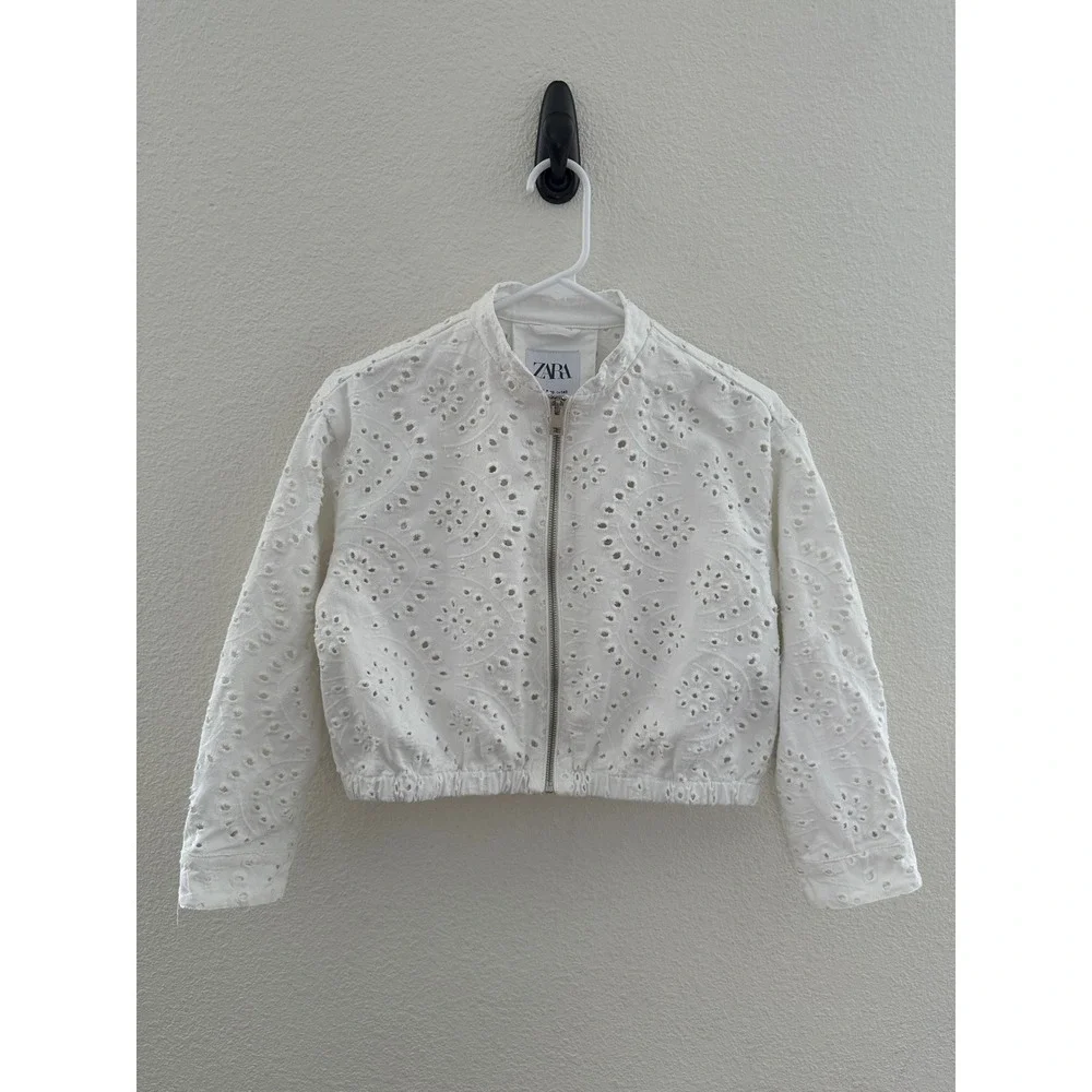 Zara Kids Girls White Eyelet Embroidered Cropped Bomber Jacket Zip Up Size 9-10